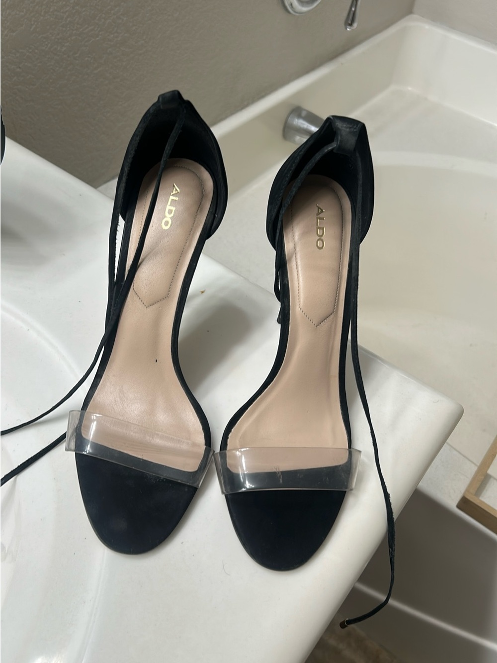 ALDO Black Suede Ankle-Tie Heels with Clear Toe Strap